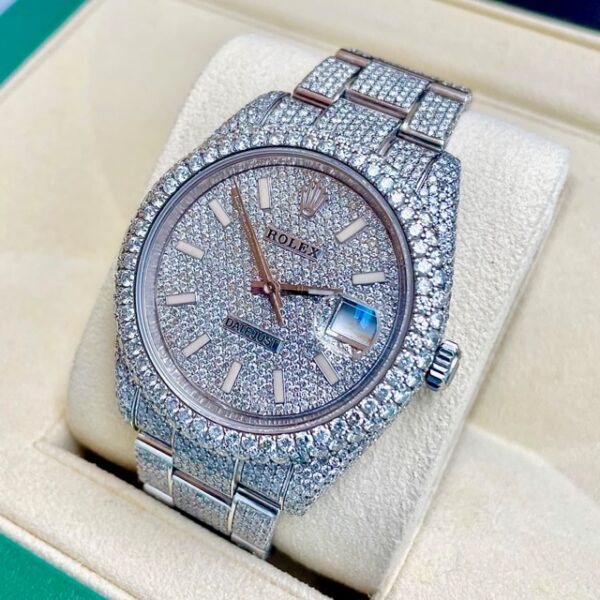 Rolex Datejust 41mm 126300 Stainless Steel with Pave Diamond Dial Fully Iced Out.