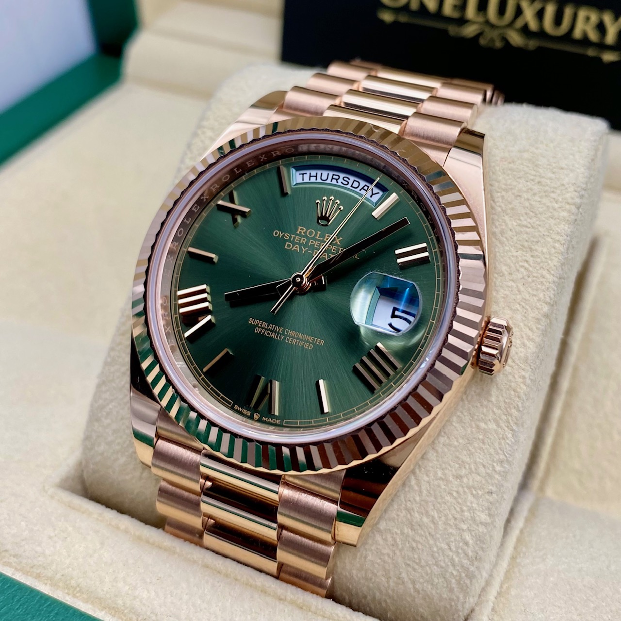 Rolex Day-Date 40 228235 Rose Gold Olive Green Roman Dial 40MM