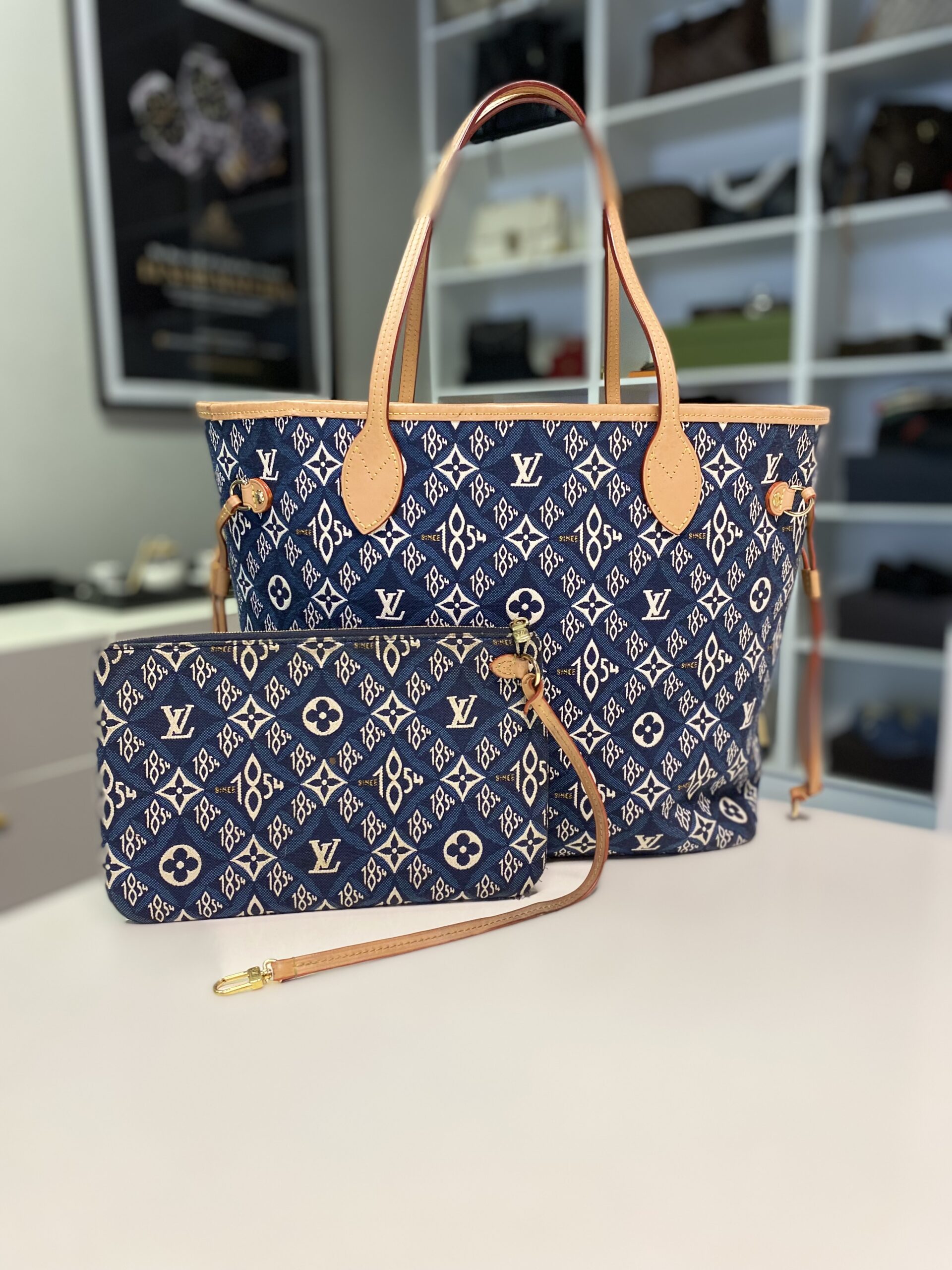 Louis Vuitton Blue Monogram Since 1854 Jacquard Textile Neverfull MM with Pouch