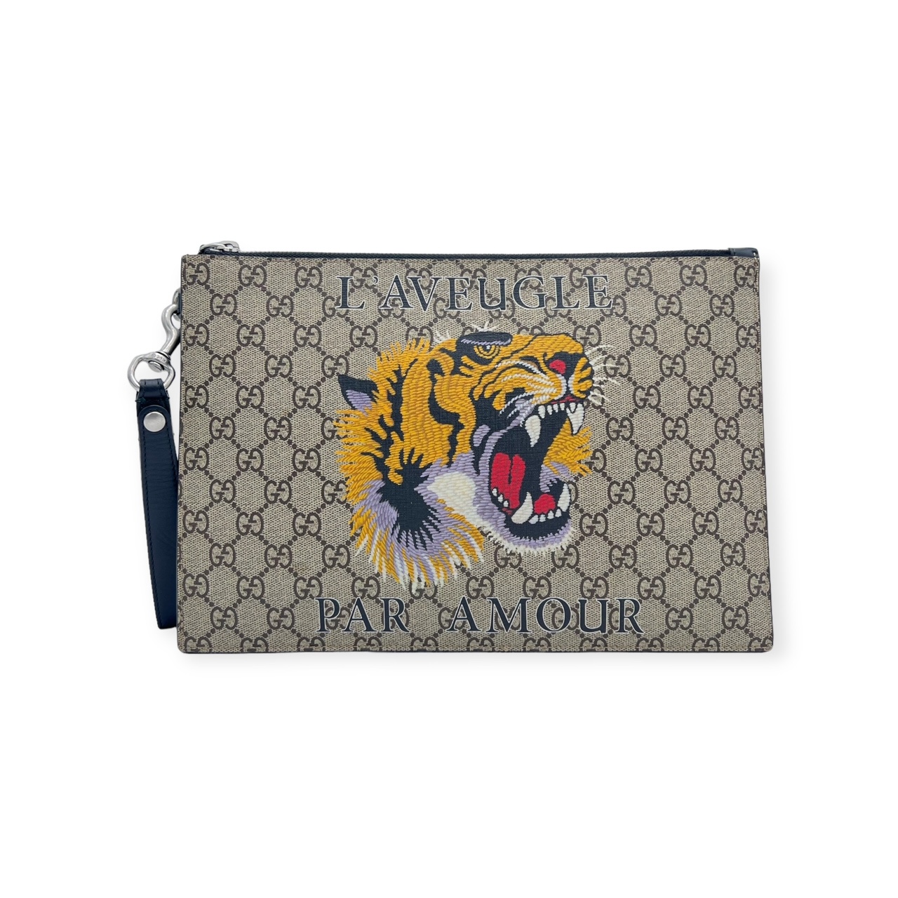 GUCCI CANVAS BEIGE GG SUPREME 'L' AVEUGLE PAR AMOUR' TIGER POUCH IN NATURAL