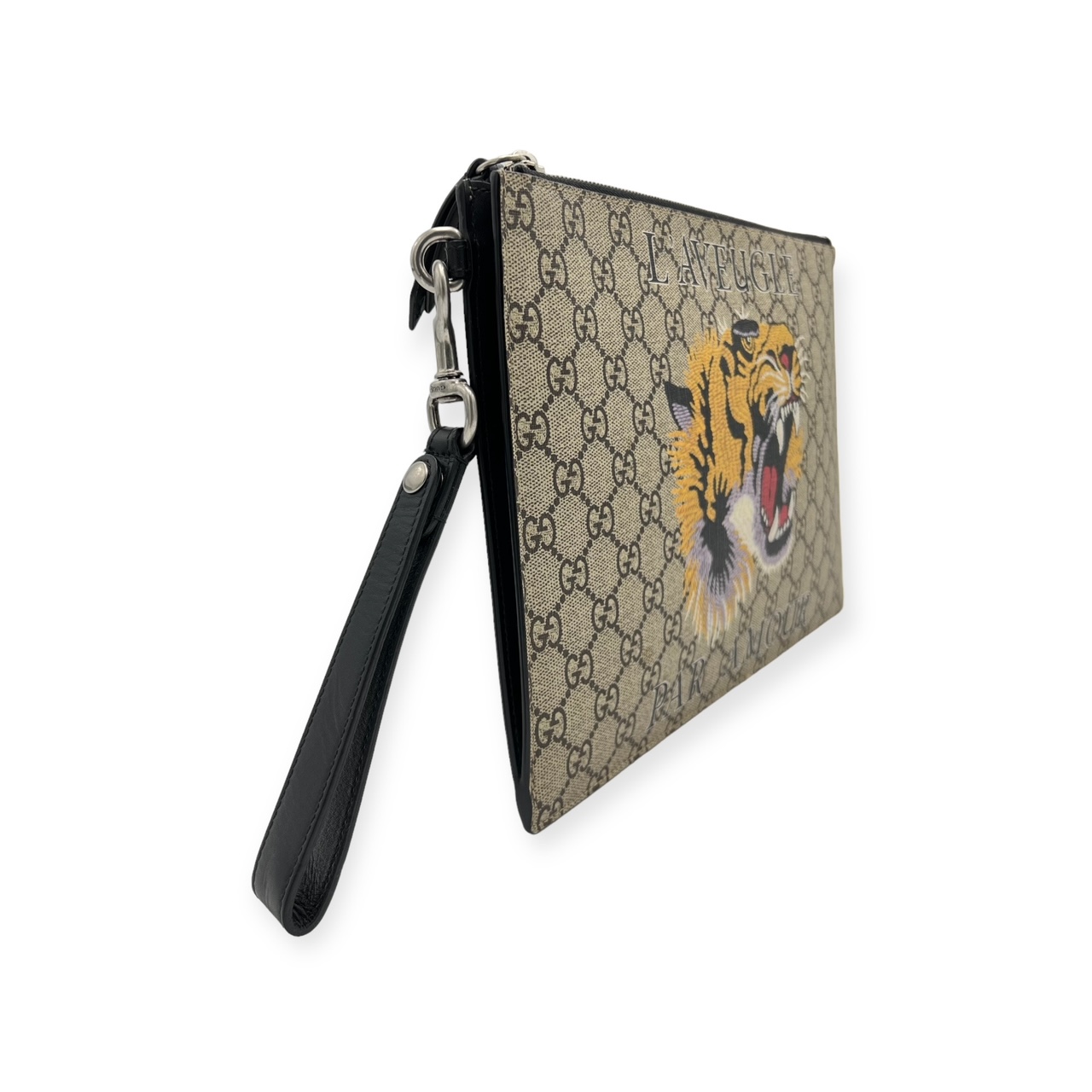 GUCCI CANVAS BEIGE GG SUPREME 'L' AVEUGLE PAR AMOUR' TIGER POUCH IN NATURAL