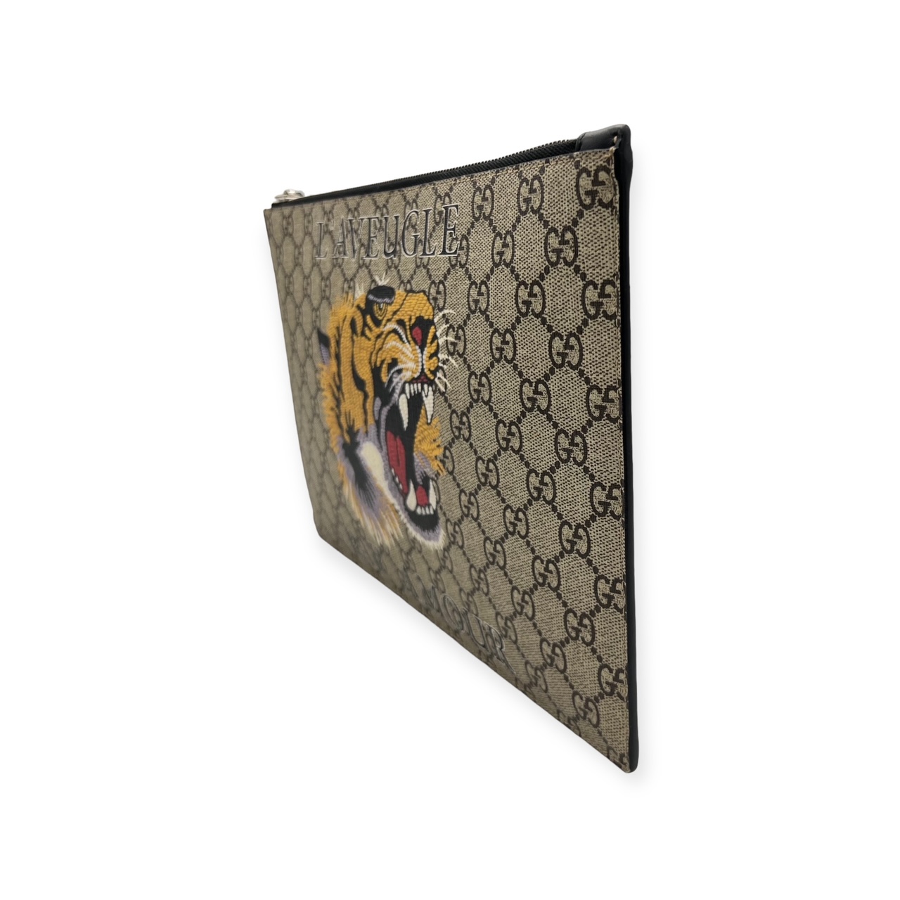 GUCCI CANVAS BEIGE GG SUPREME 'L' AVEUGLE PAR AMOUR' TIGER POUCH IN NATURAL