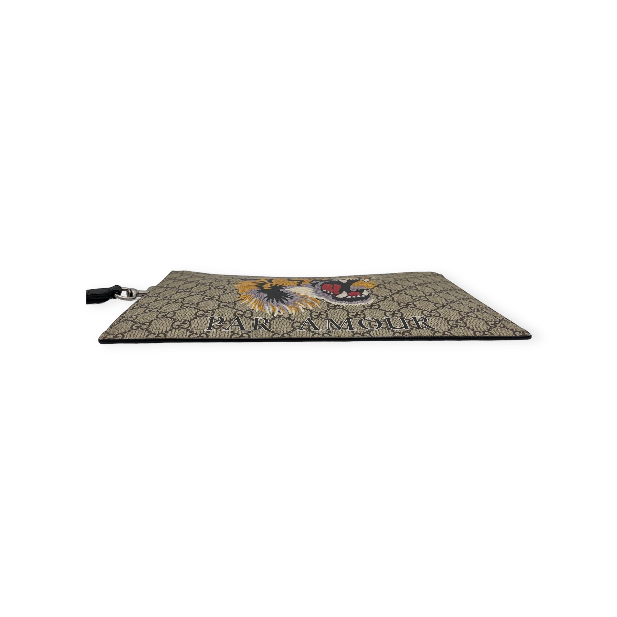 GUCCI CANVAS BEIGE GG SUPREME 'L' AVEUGLE PAR AMOUR' TIGER POUCH IN NATURAL