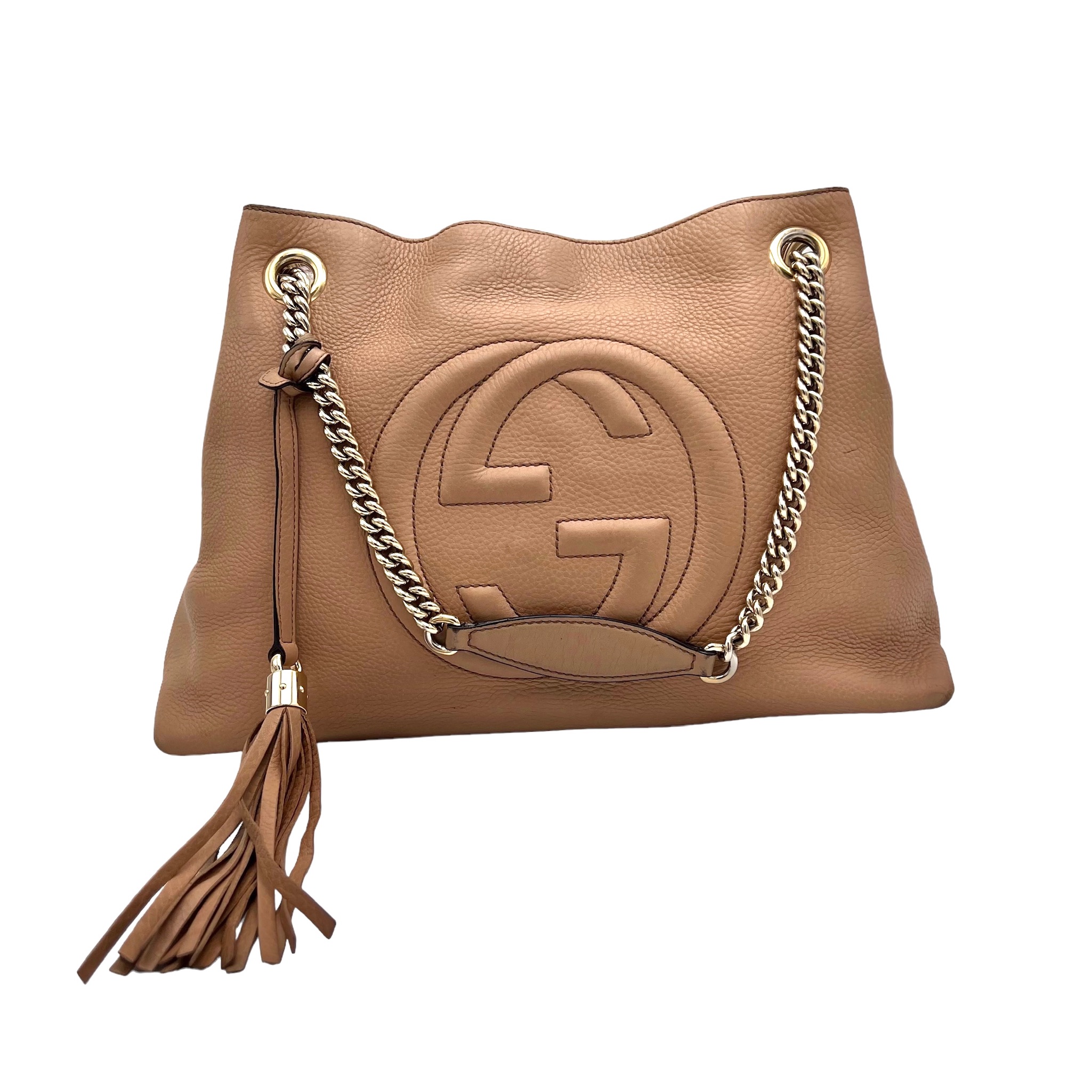 GUCCI CAMELIA PEBBLED CALFSKIN MEDIUM SOHO CHAIN TOTE