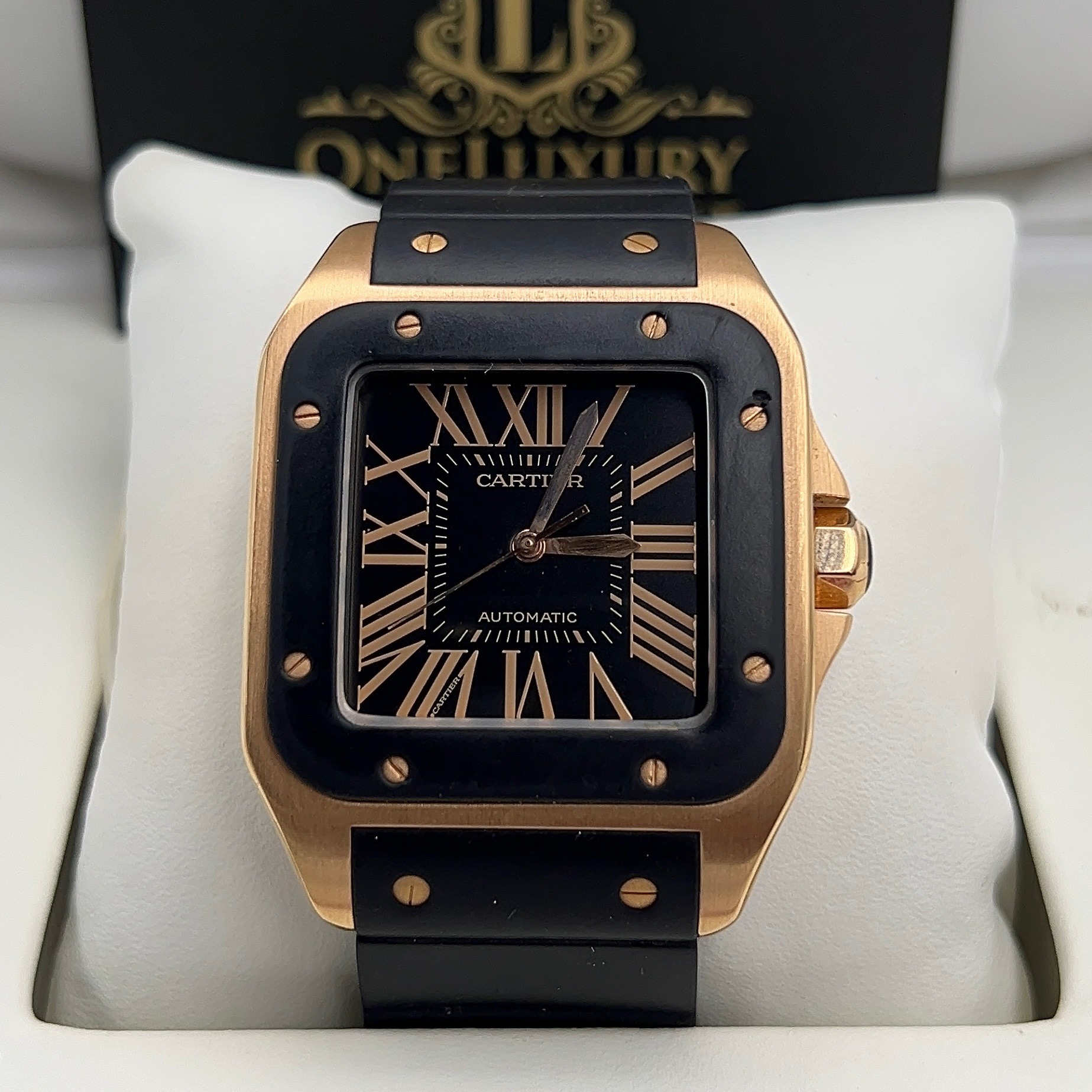 Cartier Santos 100 in Solid Rose Gold with rubber strap Rose Gold Buckle