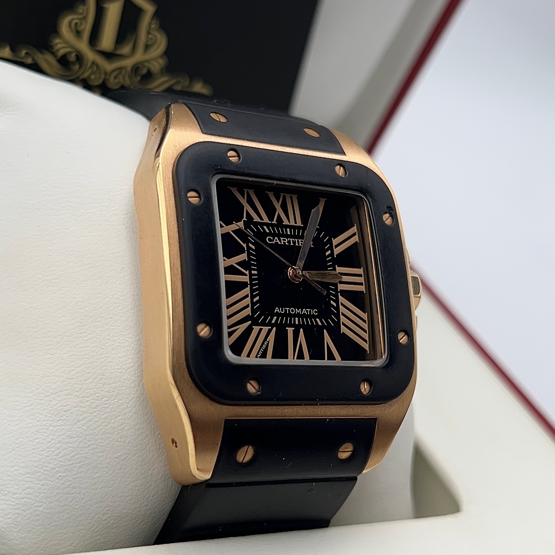Cartier Santos 100 in Solid Rose Gold with rubber strap Rose Gold Buckle