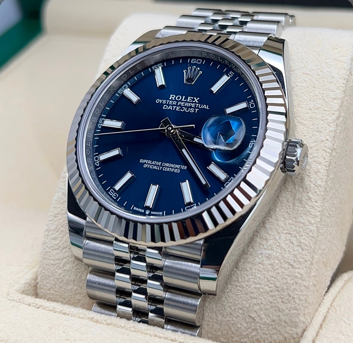 Rolex Datejust 41 Blue Index Dial Jubilee 126334 White Gold Fluted Bezel