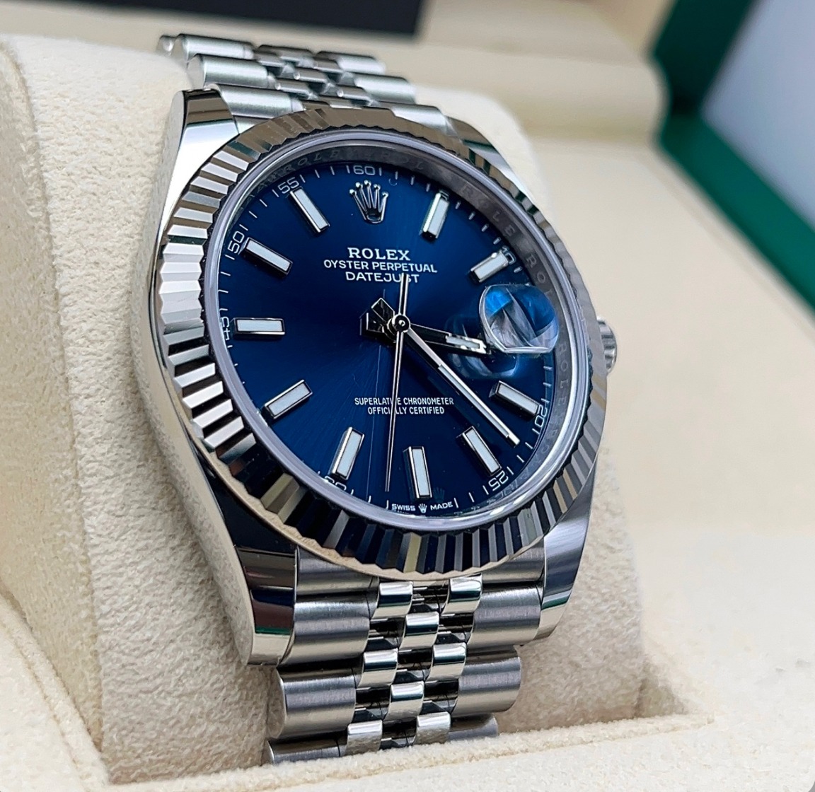 Rolex Datejust 41 Blue Index Dial Jubilee 126334 White Gold Fluted Bezel