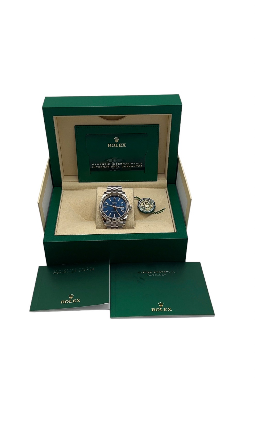 Rolex Datejust 41 Blue Index Dial Jubilee 126334 White Gold Fluted Bezel