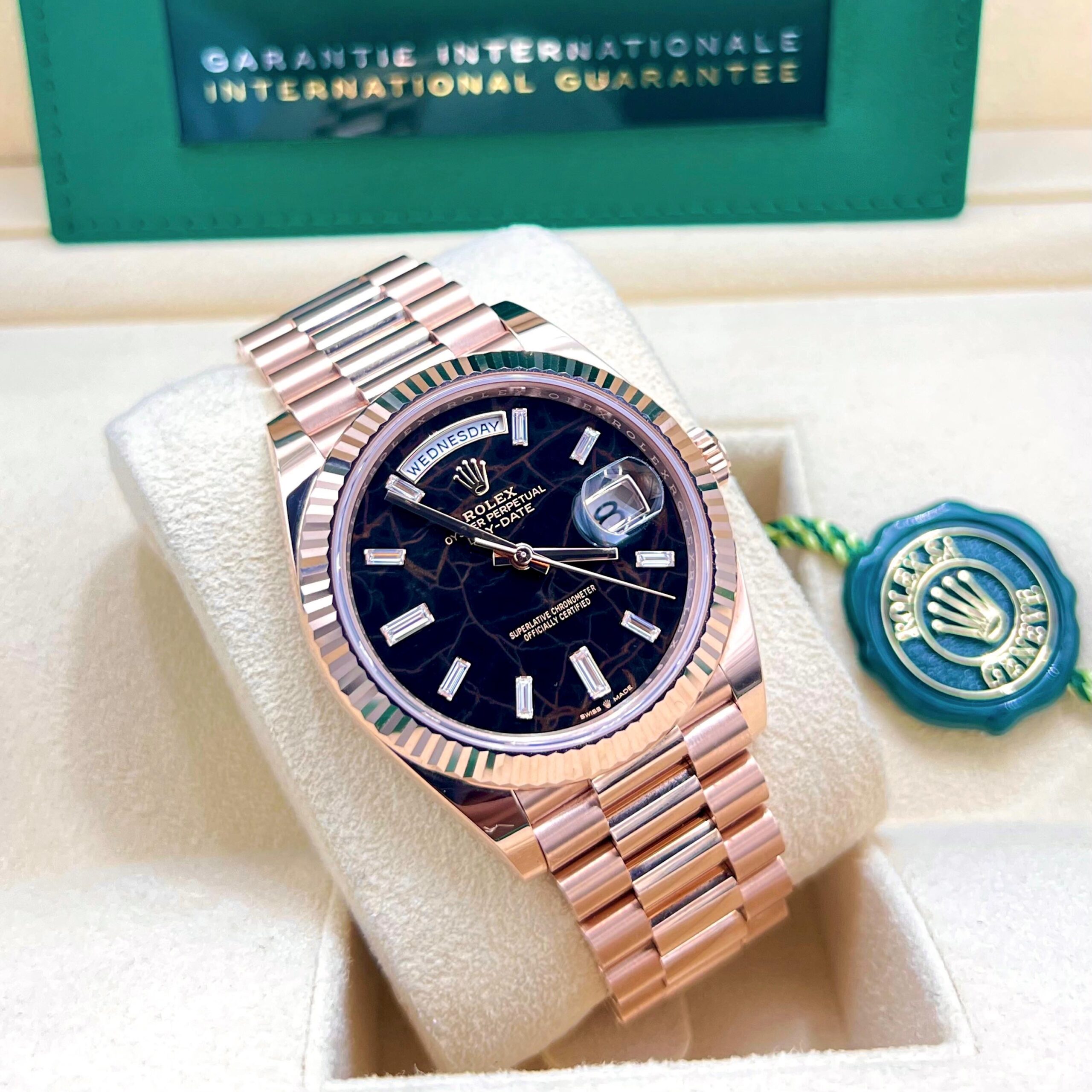 Rolex Day-Date 40mm 18k Everose Gold Eisenkiesel Baguette Diamonds Dial Ref: 228235