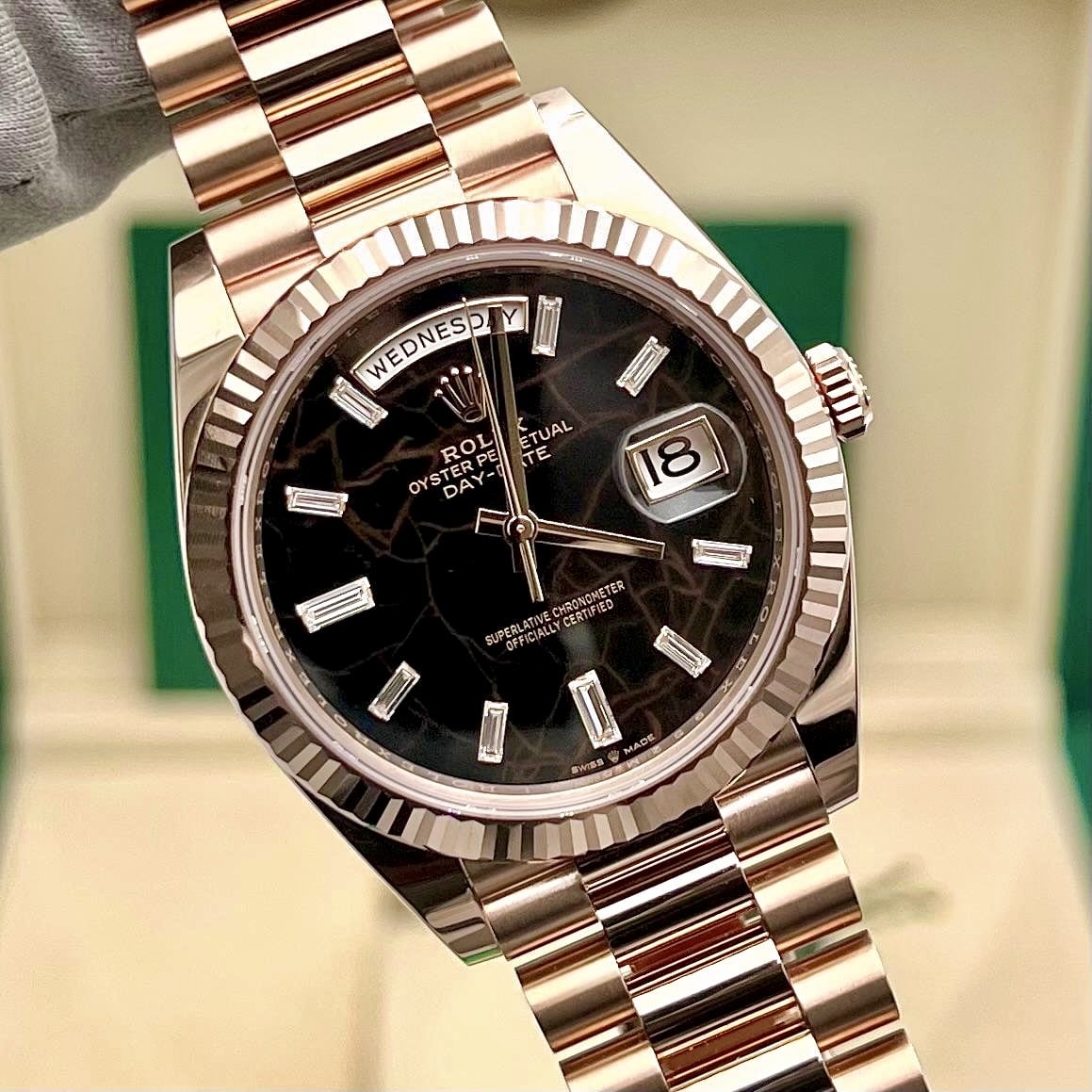 Rolex Day-Date 40mm 18k Everose Gold Eisenkiesel Baguette Diamonds Dial Ref: 228235