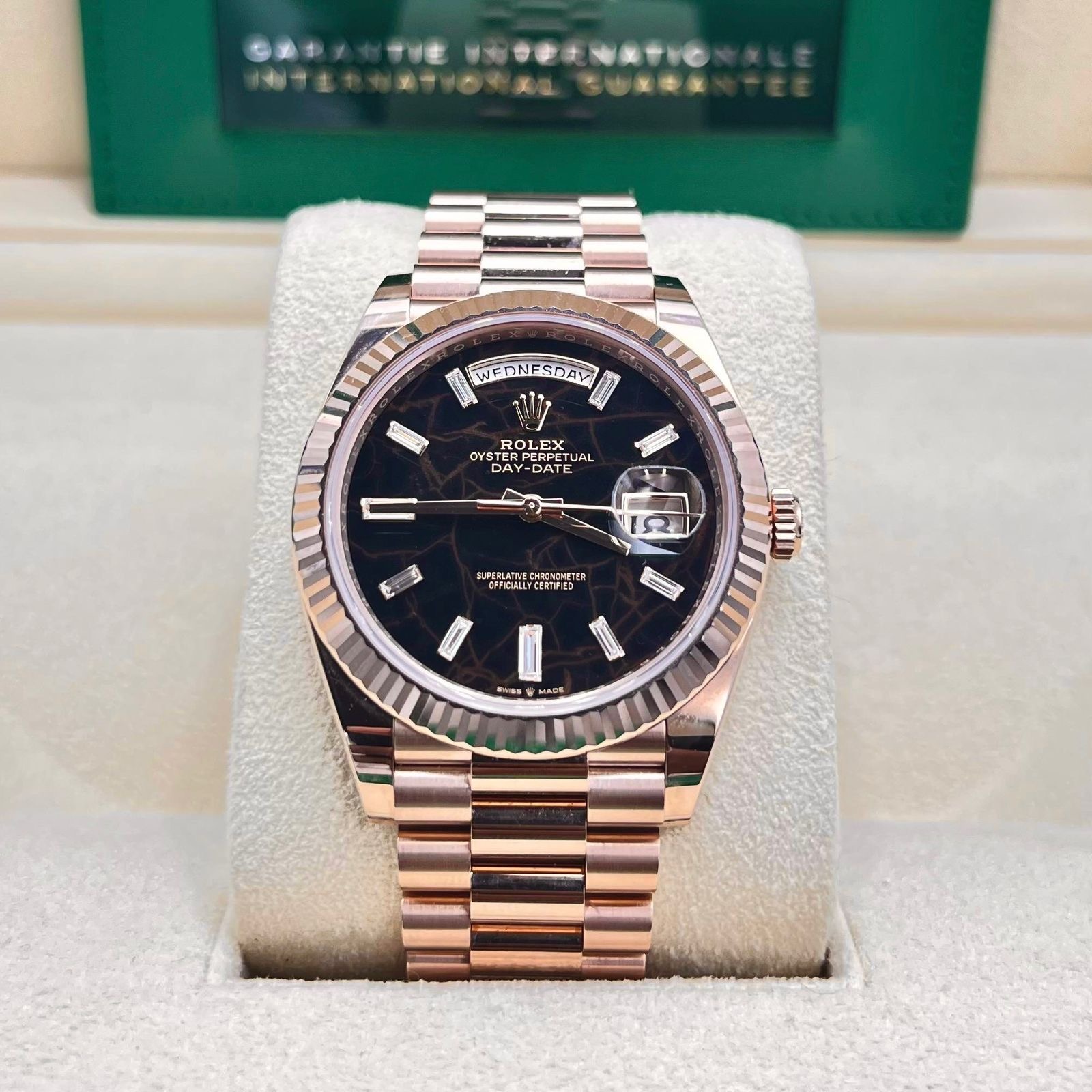 Rolex Day-Date 40mm 18k Everose Gold Eisenkiesel Baguette Diamonds Dial Ref: 228235