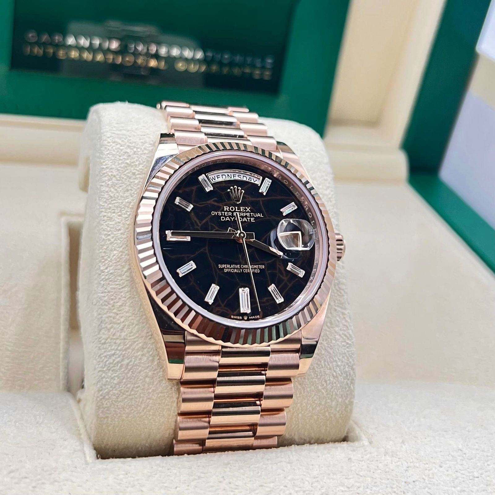 Rolex Day-Date 40mm 18k Everose Gold Eisenkiesel Baguette Diamonds Dial Ref: 228235